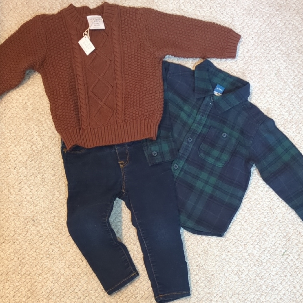 Mebie Baby Knit Sweater and Blue Plaid Shirt Set